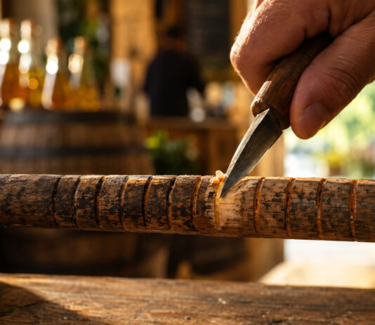 Eine Hand schneidet mit einem Schnitzmesser eine frische Kerbe in eine lange Reihe gleichmäßiger Kerben auf einem abgegriffenen Holzstab, die älteren Kerben nachgedunkelt, warmes Seitenlicht