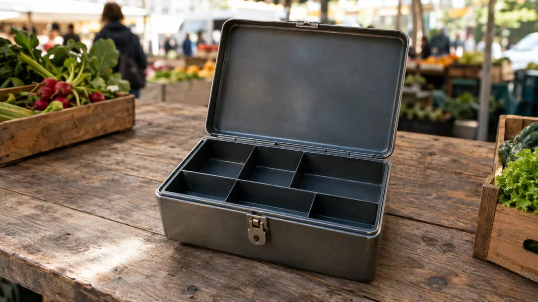Offene Blechgeldkasse mit leeren Fächern auf den Brettern eines Marktstands