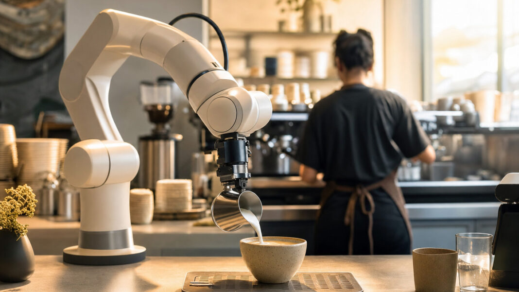 Roboterarm gießt Milchschaum, Barista arbeitet daneben im Café
