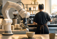 KI-Agenten einsetzen: Der praxisnahe Startup-Check 2026 Roboterarm gießt Milchschaum, Barista arbeitet daneben im Café