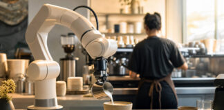 Roboterarm gießt Milchschaum, Barista arbeitet daneben im Café