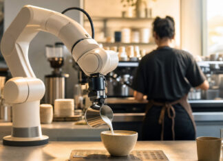 Roboterarm gießt Milchschaum, Barista arbeitet daneben im Café