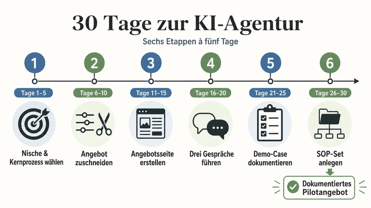 30-Tage-Zeitplan für den Aufbau einer KI-Agentur vom Kernprozess bis zum SOP-Set.