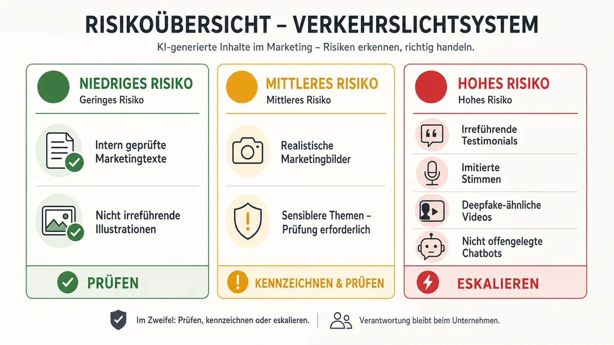 ki-content-risikoampel Ampelübersicht für Kennzeichnungsrisiken bei KI-Content im Startup-Marketing.