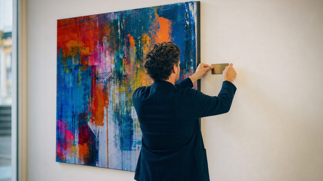 Galerist befestigt ein kleines Schild neben einem großen bunten Gemälde