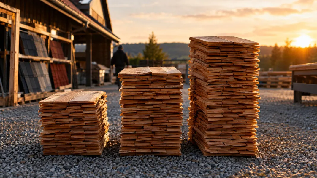 Drei unterschiedlich hohe Stapel Holzschindeln nebeneinander auf einem Kiesplatz