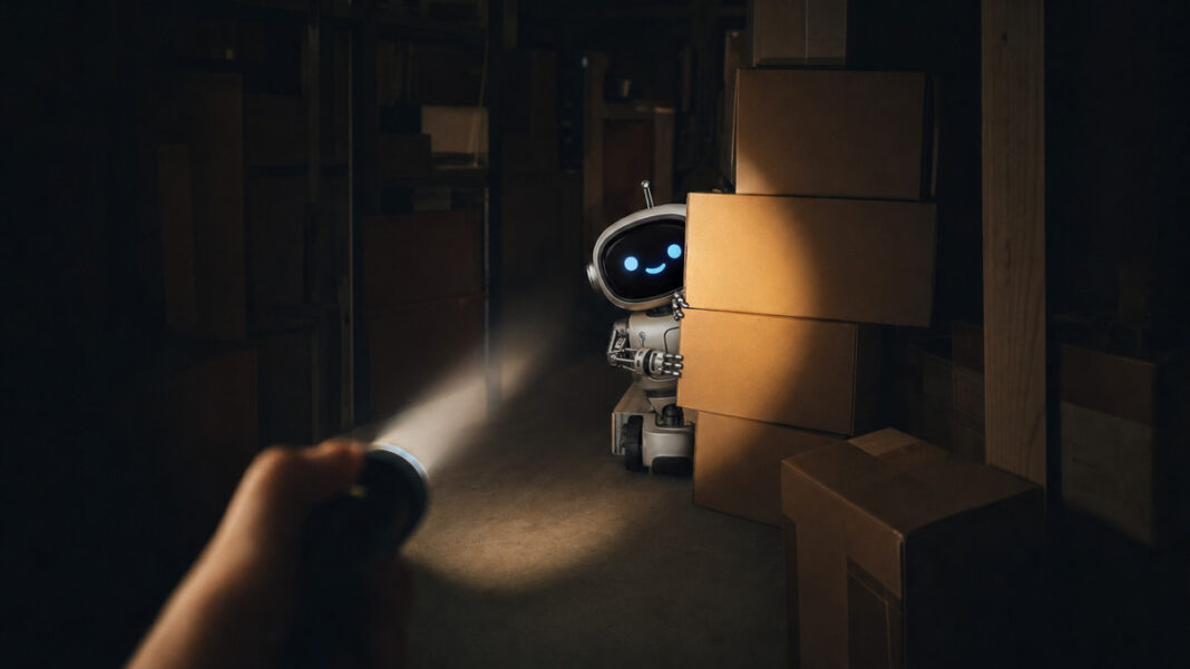Taschenlampe entdeckt einen kleinen Roboter hinter Kartons im Lager