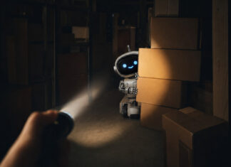 Taschenlampe entdeckt einen kleinen Roboter hinter Kartons im Lager
