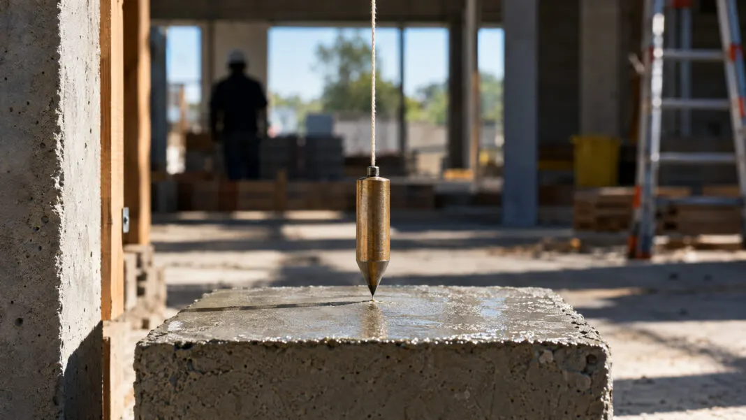 Schnurlot hängt straff gespannt über einem frisch gegossenen Betonsockel