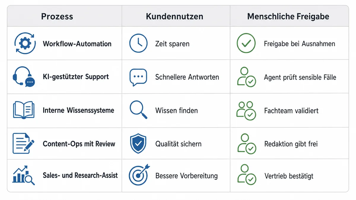 Vergleichsgrafik mit fünf KI-Service-Modellen, Kundennutzen und menschlichen Freigaben.