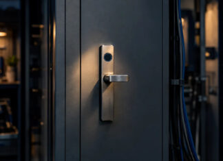 Brushed steel access-control lock on an unmarked secure equipment cabinet