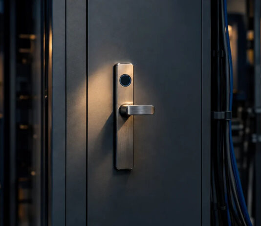 Brushed steel access-control lock on an unmarked secure equipment cabinet