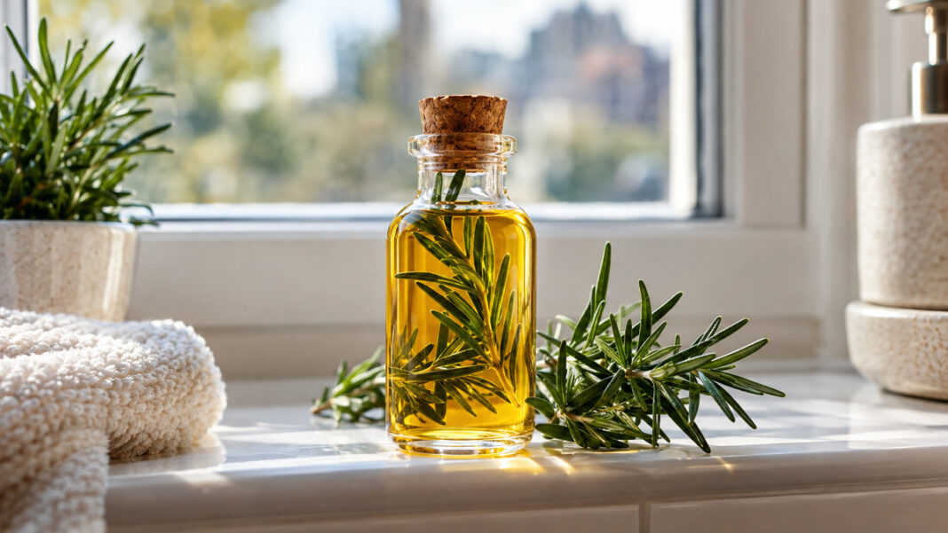 Glasfläschchen mit goldgelbem Pflanzenöl und frische Rosmarinzweige auf einem hellen Fensterbrett