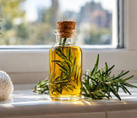 Glasfläschchen mit goldgelbem Pflanzenöl und frische Rosmarinzweige auf einem hellen Fensterbrett