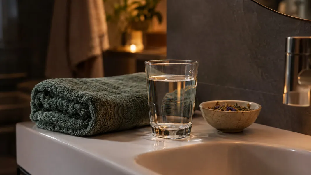 Zusammengelegtes Handtuch, ein Glas Wasser und eine Schale getrockneter Kräuter am Waschbecken