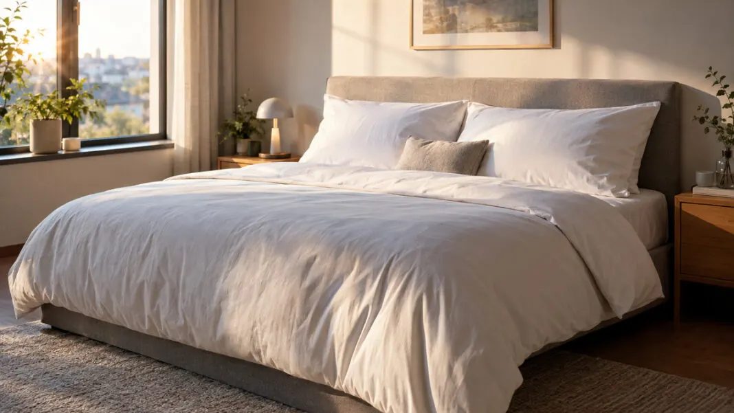 Frisch bezogenes Bett mit hellem Kissen und glatter Bettwäsche in einem ruhigen Schlafzimmer