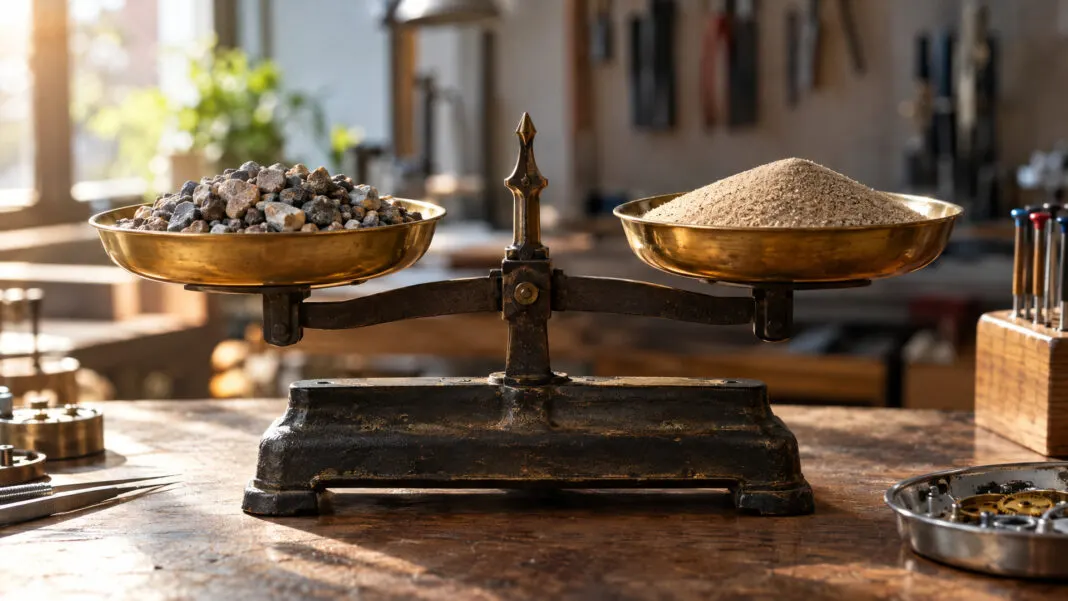 Alte Messingwaage mit Kieselsteinen in der einen und feinem Sand in der anderen Schale