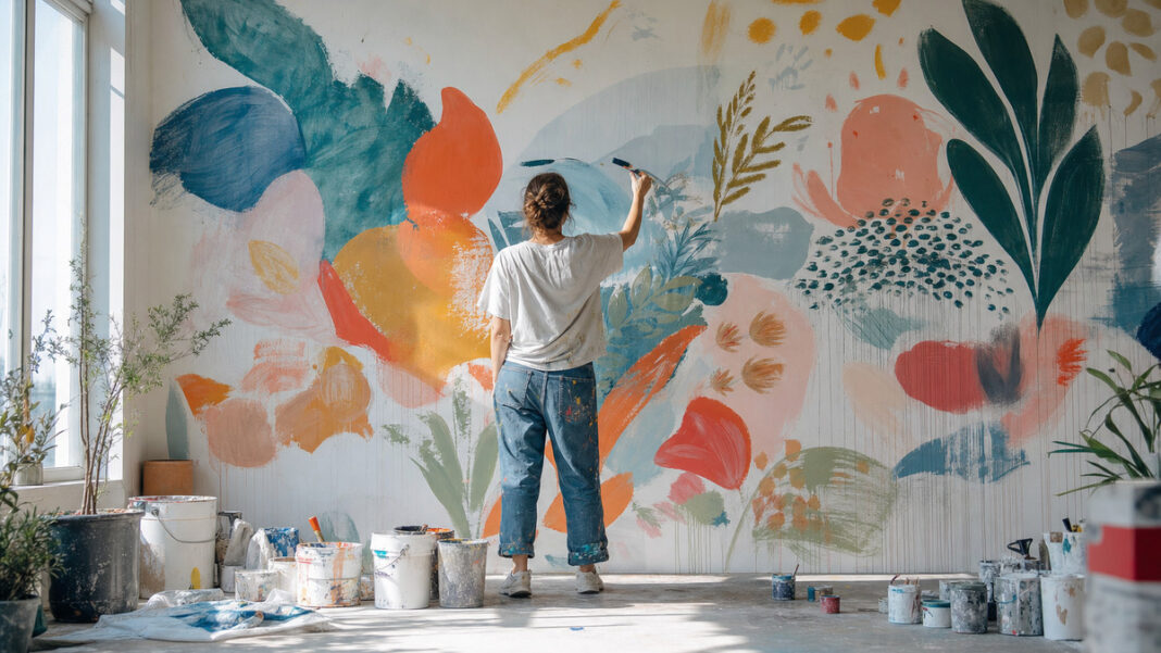 Illustratorin malt an einer großen bunten Wandmalerei im Atelier