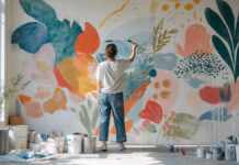 Illustratorin malt an einer großen bunten Wandmalerei im Atelier