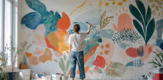 Illustratorin malt an einer großen bunten Wandmalerei im Atelier