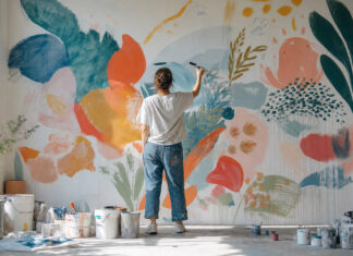 Illustratorin malt an einer großen bunten Wandmalerei im Atelier