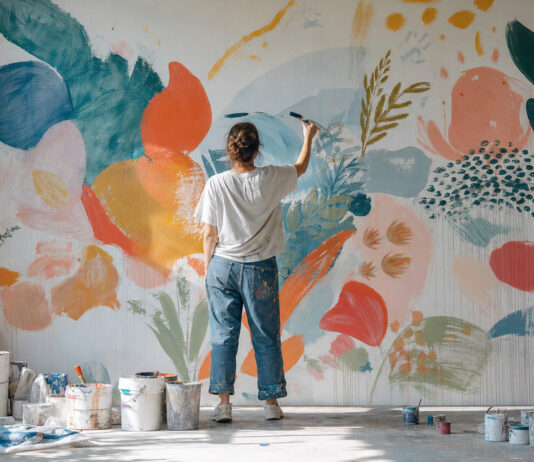 Illustratorin malt an einer großen bunten Wandmalerei im Atelier
