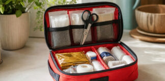 Geoeffnete Erste-Hilfe-Tasche mit Verbandmaterial und Rettungsdecke auf einer hellen Kuechenarbeitsplatte