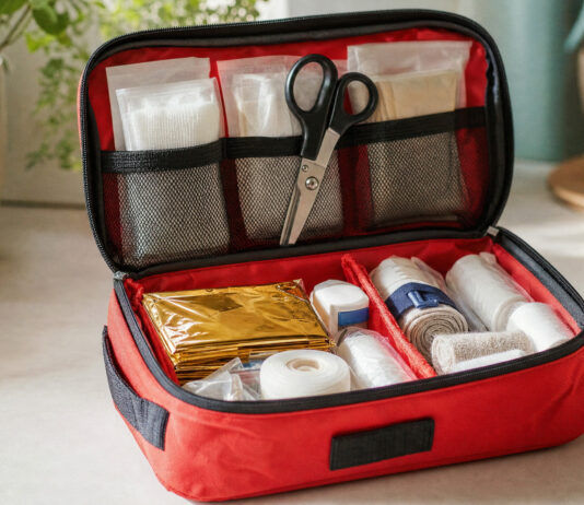 Geoeffnete Erste-Hilfe-Tasche mit Verbandmaterial und Rettungsdecke auf einer hellen Kuechenarbeitsplatte
