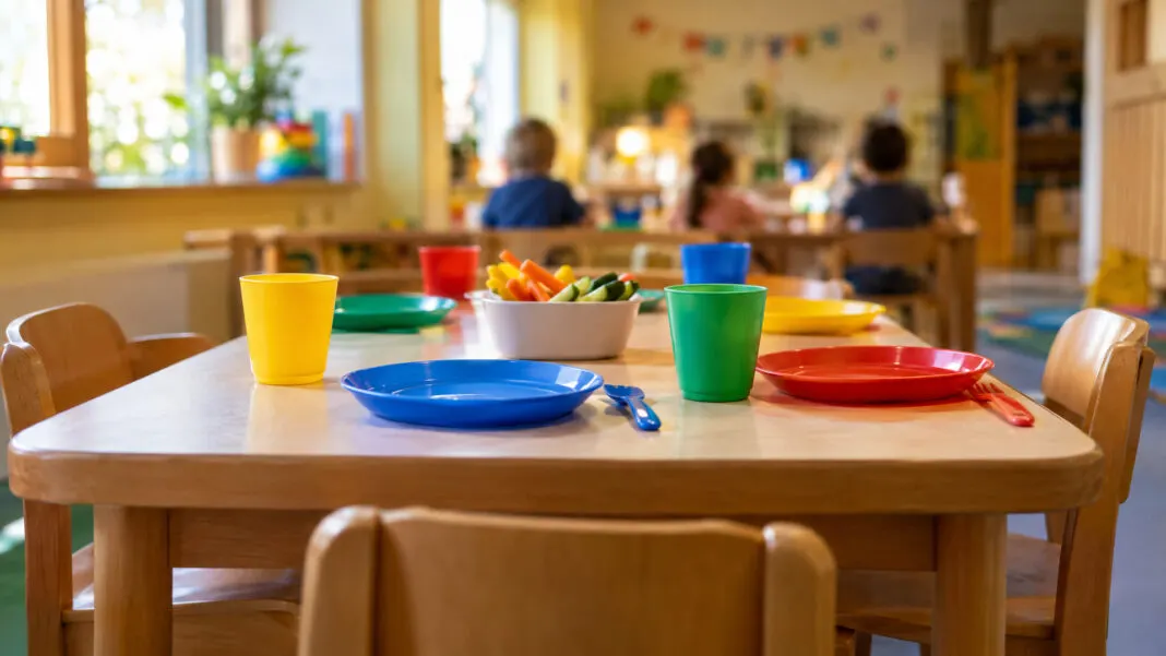 Niedriger Kindertisch mit buntem Teller und Trinkbecher in der Essensecke einer Kindertagesstaette