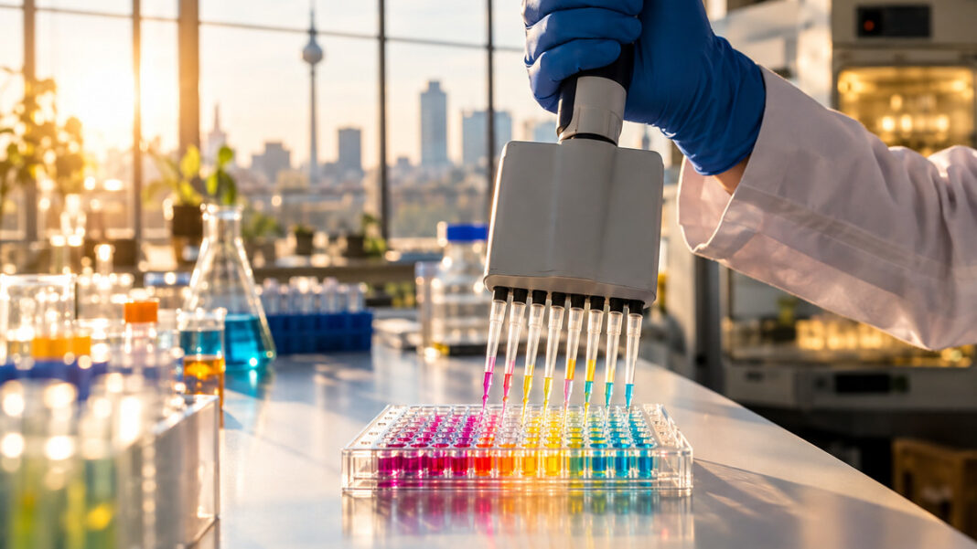 LifeScience-Gründung Biotech-Labor Berlin Mehrkanalpipette über einer Mikrotiterplatte im Labor eines Berliner Biotech-Startups, im Hintergrund der Fernsehturm