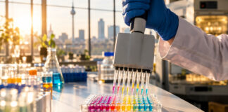 Mehrkanalpipette über einer Mikrotiterplatte im Labor eines Berliner Biotech-Startups, im Hintergrund der Fernsehturm