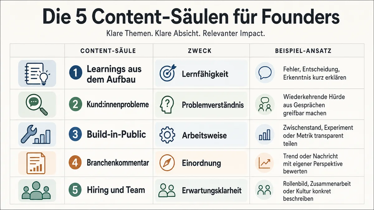 Themenmatrix mit fünf Content-Säulen für LinkedIn von Gründerinnen und Gründern.