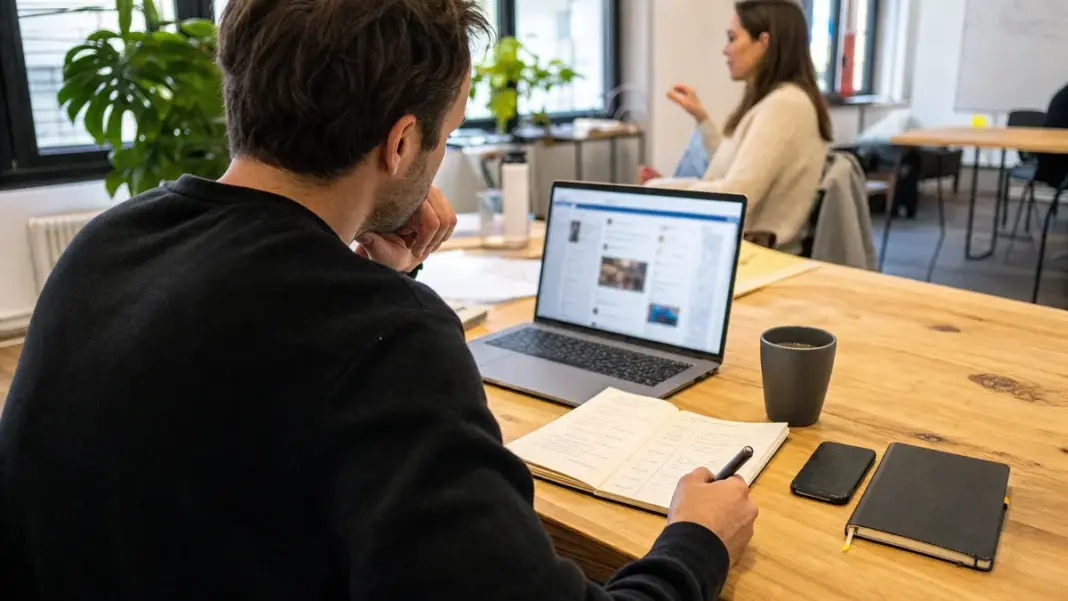 Gründer plant LinkedIn-Inhalte und Follow-ups an einem realistischen Arbeitstisch.