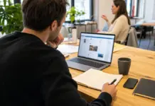 LinkedIn für Gründer 2026: Der 90-Minuten-Wochenplan für Sichtbarkeit, Leads und Hiring Gründer plant LinkedIn-Inhalte und Follow-ups an einem realistischen Arbeitstisch.