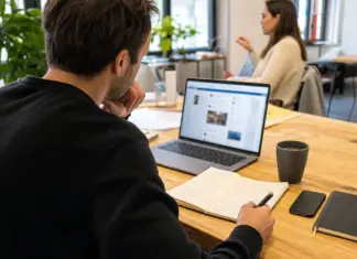 Gründer plant LinkedIn-Inhalte und Follow-ups an einem realistischen Arbeitstisch.