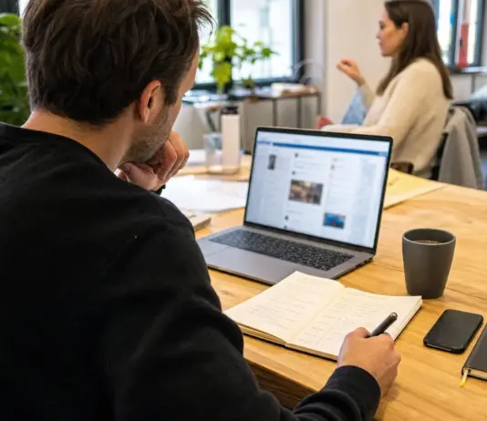 Gründer plant LinkedIn-Inhalte und Follow-ups an einem realistischen Arbeitstisch.