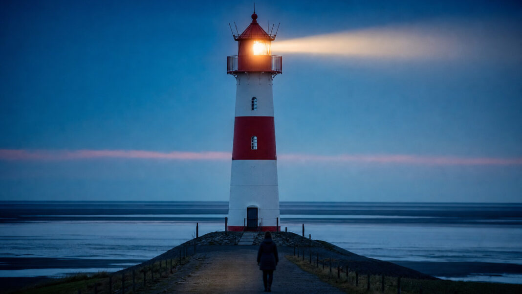 Leuchtturm an der Nordsee sendet in der blauen Stunde seinen Lichtstrahl