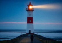 Leuchtturm an der Nordsee sendet in der blauen Stunde seinen Lichtstrahl