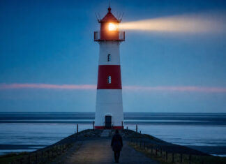 Leuchtturm an der Nordsee sendet in der blauen Stunde seinen Lichtstrahl