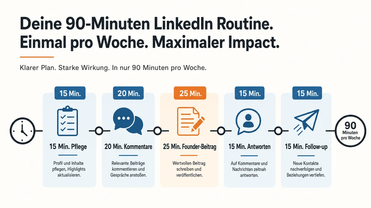 Zeitachse zeigt den 90-Minuten-Wochenplan für LinkedIn-Aktivitäten von Gründern.