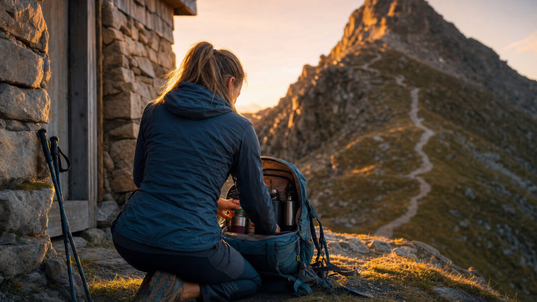 Bergsteigerin prüft vor dem Aufstieg Vorräte und Wasser im Rucksack Bergsteigerin prüft vor dem Aufstieg Vorräte und Wasser im Rucksack
