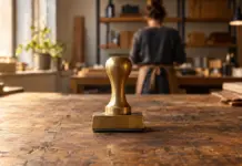 Lohnsteuer-Anmeldung 2026: Was Startups beim ersten Mitarbeiter wissen müssen Unmarkierter Messingstempel auf einer Werkbank in einer kleinen Startup-Werkstatt