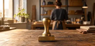 Unmarkierter Messingstempel auf einer Werkbank in einer kleinen Startup-Werkstatt