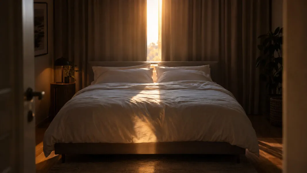 Morgenlicht fällt durch einen Vorhangspalt auf ein leeres Bett