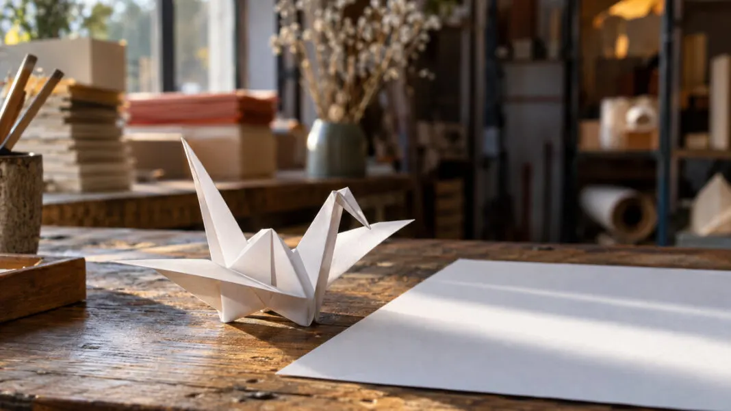 Gefalteter Origami-Kranich neben einem glatten weißen Bogen im Streiflicht