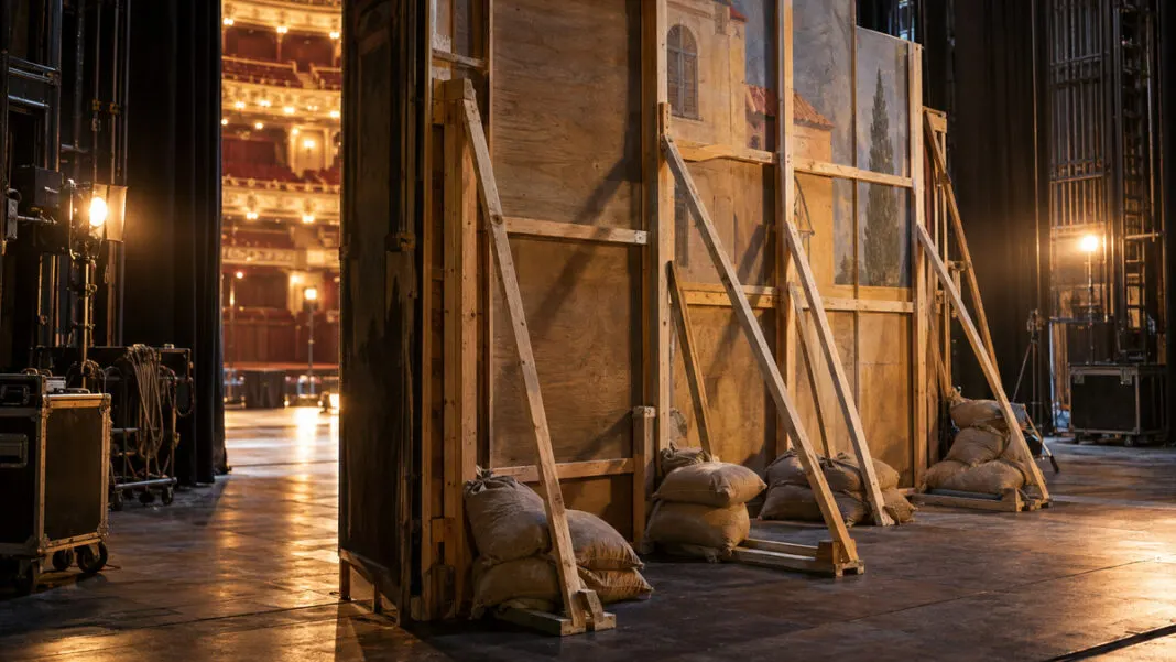 Blick hinter eine Theaterkulisse: rohe Holzlatten stützen die bemalte Fassade