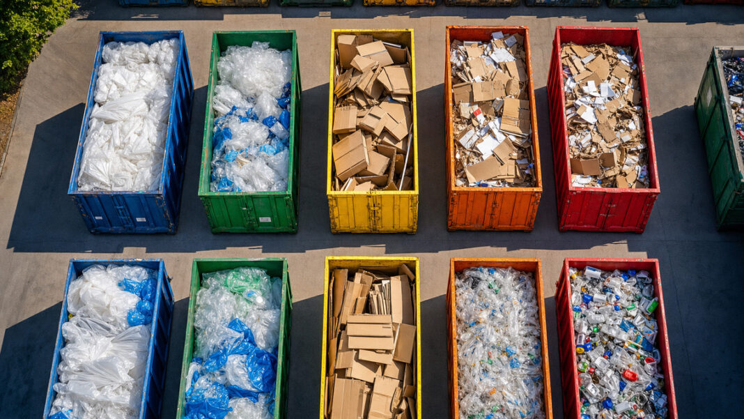 Luftaufnahme eines Wertstoffhofs mit sortierten Containern voller Verpackungen
