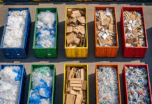 Verpackungsregister LUCID Online-Shop: Pflicht-Checkliste für Gründer:innen Luftaufnahme eines Wertstoffhofs mit sortierten Containern voller Verpackungen