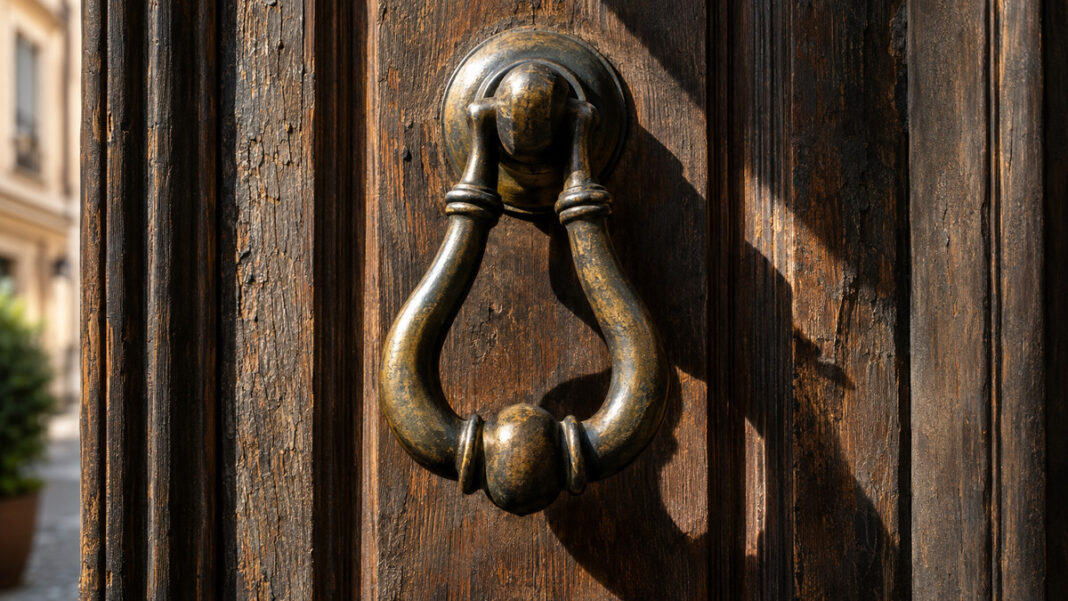 Ein schwerer Türklopfer aus Messing hängt an einer verwitterten Eichentür, das Metall dunkel patiniert, schräges Morgenlicht wirft einen harten Schatten auf das Holz.