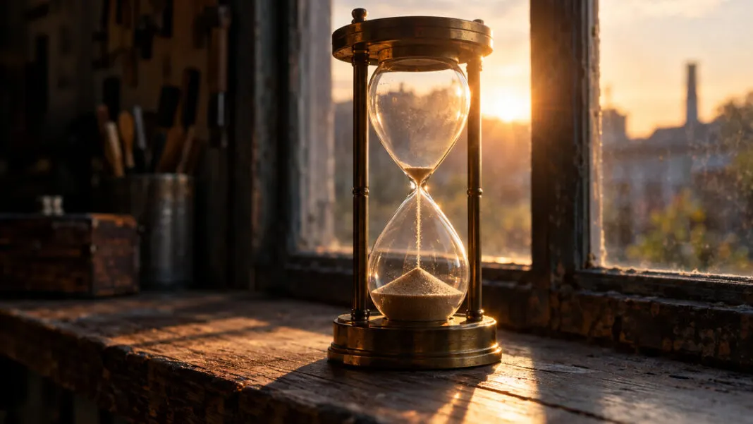 Fast durchgelaufene Sanduhr aus Messing und Glas auf einer Fensterbank im Gegenlicht